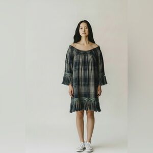 Uncle Frank Olive Green Plaid Tunic Fringe Boho Dress Medium Flannel Braided